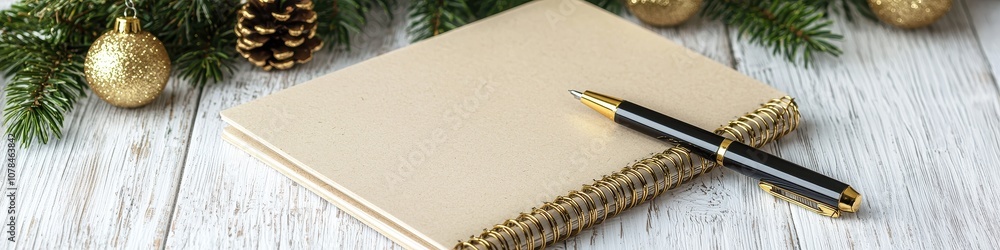 Christmas tree branches, Christmas decorations on a white background, top view. Selective focus