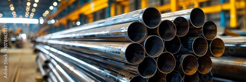 Steel pipes in a warehouse, close-up. Industrial background.