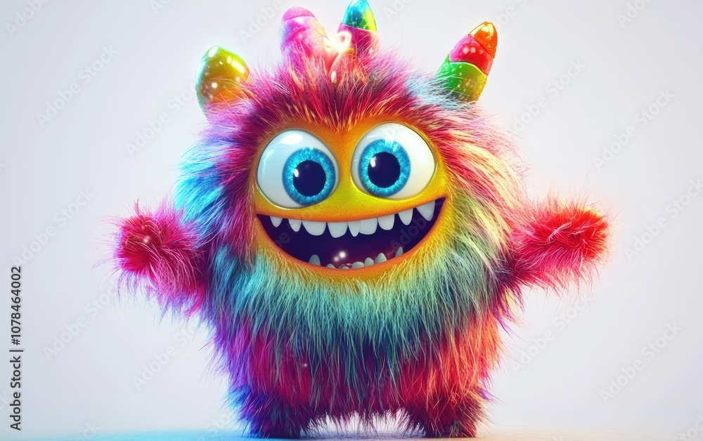 Fototapeta premium Cute and funny colored furry chrismas style monster 3D cartoon character. huge big eyes good smile furry and pretty on white background 