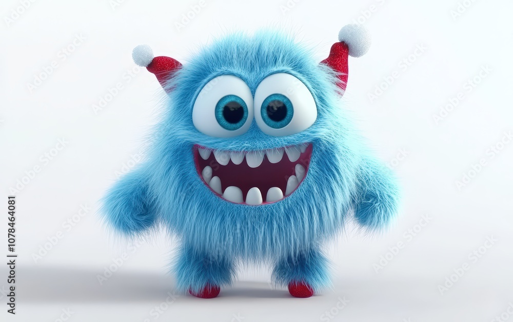 Fototapeta premium Cute and funny colored furry chrismas style monster 3D cartoon character. huge big eyes good smile furry and pretty on white background 