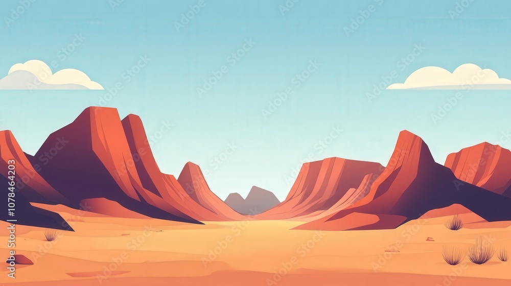 Naklejka premium A Desert Valley with Steep Red Mountains and a Blue Sky