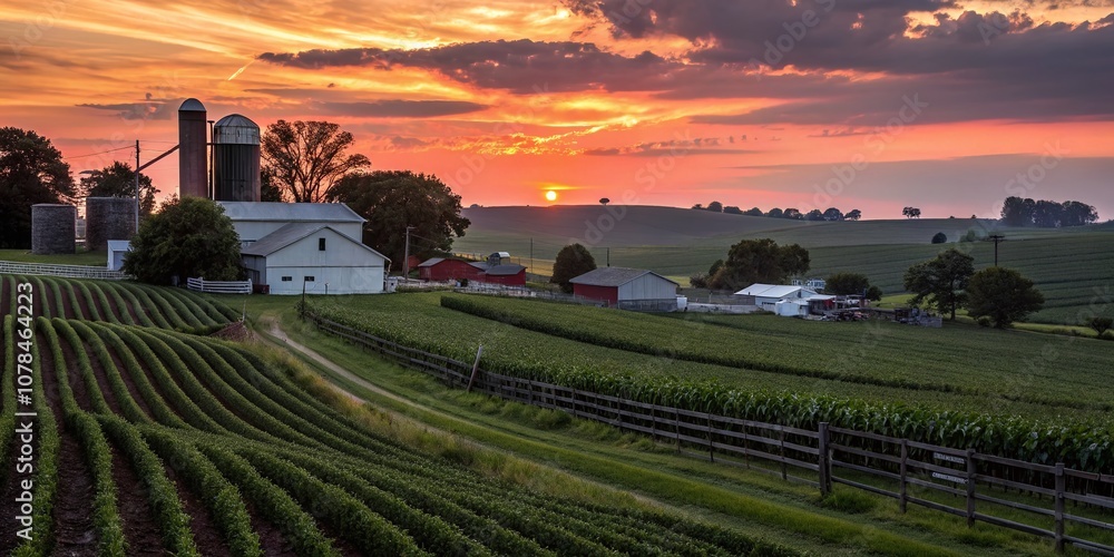 Captivating Silhouette of Farming Fields at Sunset in a Rural Village Setting, Showcasing Tranquility and Natural Beauty of Agriculture in Serene Landscapes Captivating Silhouette of Farming Fields at Sunset in a Rural Village Setting, Showcasing Tranquility and Natural Beauty of Agriculture in Serene Landscapes