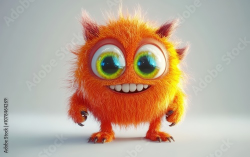 Cute and funny colored furry chrismas style monster 3D cartoon character. huge big eyes good smile furry and pretty on white background
