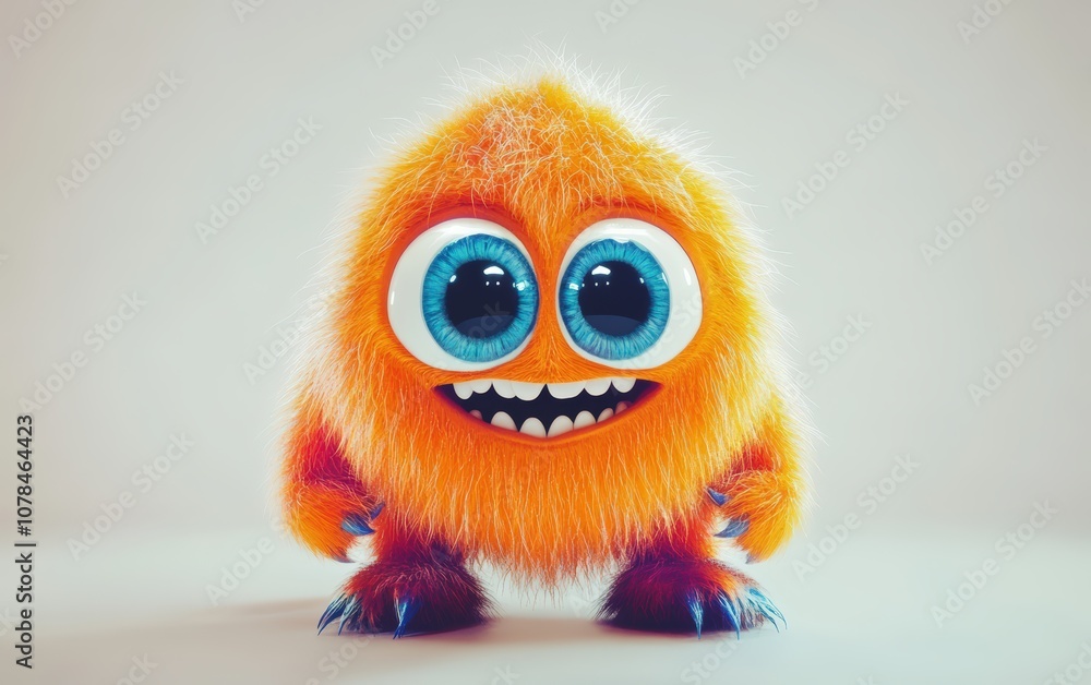 Fototapeta premium Cute and funny colored furry chrismas style monster 3D cartoon character. huge big eyes good smile furry and pretty on white background 