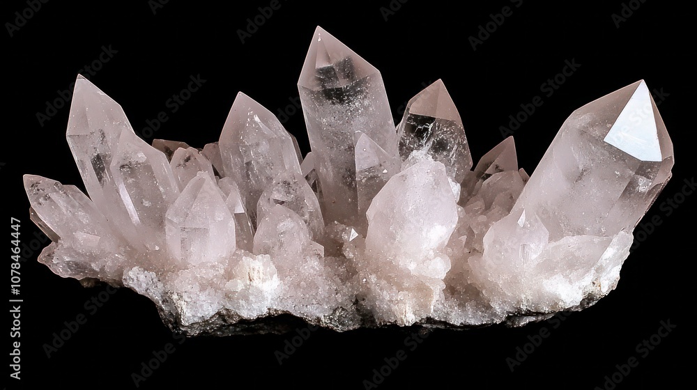 A cluster of clear quartz crystals on a white matrix, isolated on a black background. A cluster of clear quartz crystals on a white matrix, isolated on a black background.