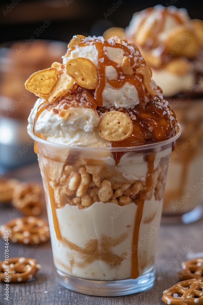 Delicious Ice Cream Sundae Topped with Potato Chips, Pretzels, Caramel Drizzle and a Sprinkle of Sea Salt Delicious Ice Cream Sundae Topped with Potato Chips, Pretzels, Caramel Drizzle and a Sprinkle of Sea Salt