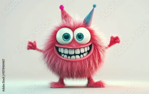 Cute and funny colored furry chrismas style monster 3D cartoon character. huge big eyes good smile furry and pretty on white background
