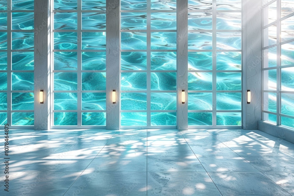 Obraz premium Empty room with large windows overlooking a turquoise ocean.