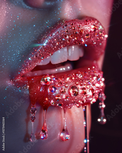 Beautiful sexy attractive female lips. Beautiful lips of a girl with glowing crystals. Photo style digital illustration. AI artwork.  photo