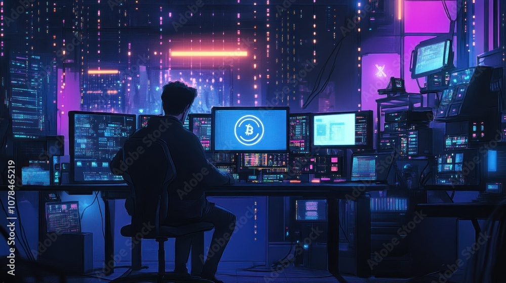 Cyberpunk Hacker Working on Bitcoin Cyberpunk Hacker Working on Bitcoin