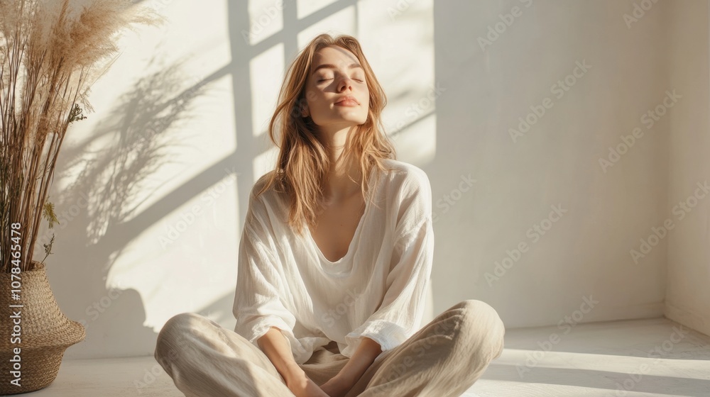 Woman sitting peacefully bright room clean background copy space Woman sitting peacefully bright room clean background copy space