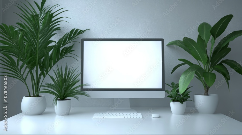 Creative designer desktop with blank white computer monitor, keyboard, coffee cup, smartphone, stationery and decorative plants on white brick wall background Creative designer desktop with blank white computer monitor, keyboard, coffee cup, smartphone, stationery and decorative plants on white brick wall background