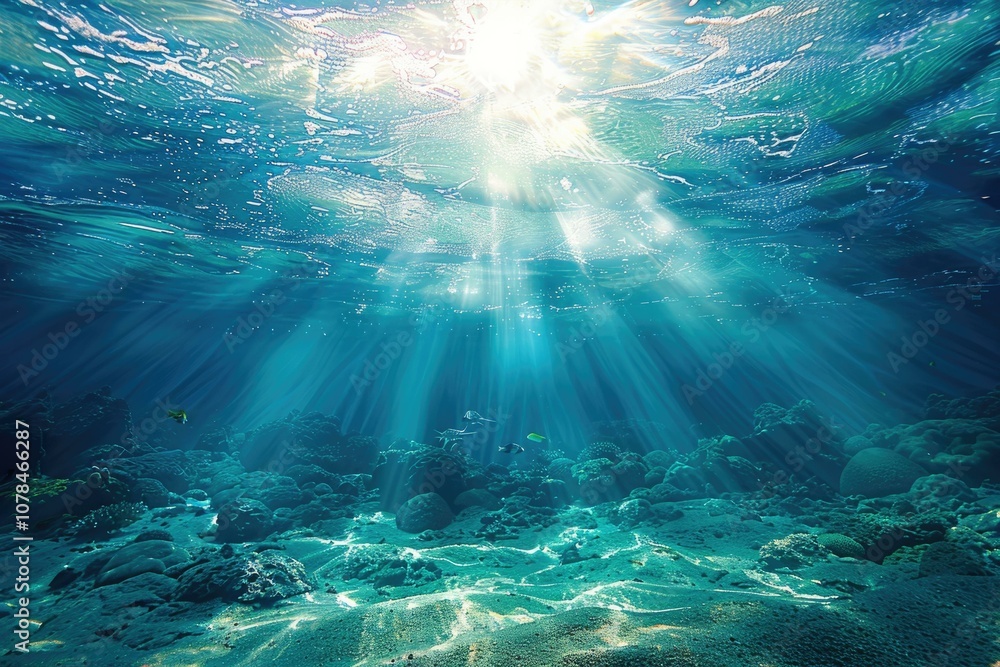 Fototapeta premium Underwater blue ocean background and sunlight Underwater blue ocean background and sunlight