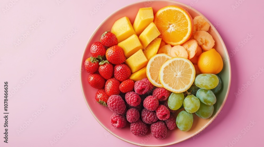 Plate of fresh fruit platter bright background clean layout copy space Plate of fresh fruit platter bright background clean layout copy space