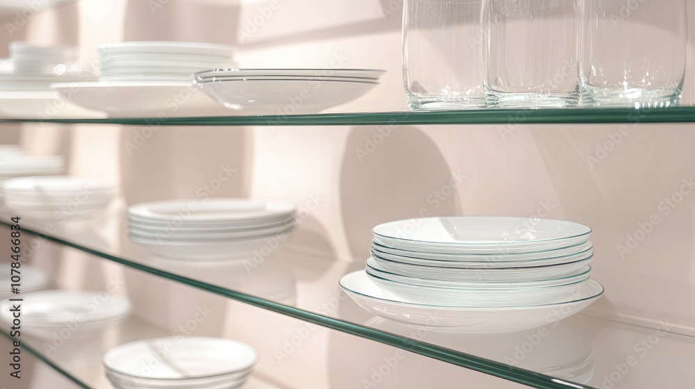 Display of Elegant White Dinnerware on Glass Shelves, Clean and Modern Kitchen Aesthetic Featuring Plates, Bowls, and Glasses in a Neatly Organized Arrangement Display of Elegant White Dinnerware on Glass Shelves, Clean and Modern Kitchen Aesthetic Featuring Plates, Bowls, and Glasses in a Neatly Organized Arrangement