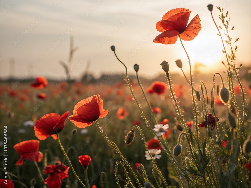 Obraz premium Captivating Tilt-Shift Photography of Vibrant Poppies in a Lush Field, Showcasing Stunning Depth of Field and Dreamy Aesthetic for Nature Lovers and Garden Enthusiasts