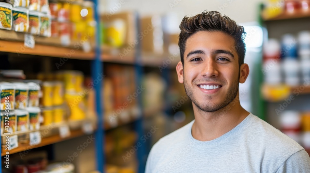 Volunteer organizing food pantry young Hispanic man with short brown hair bright background clean layout copy space Volunteer organizing food pantry young Hispanic man with short brown hair bright background clean layout copy space