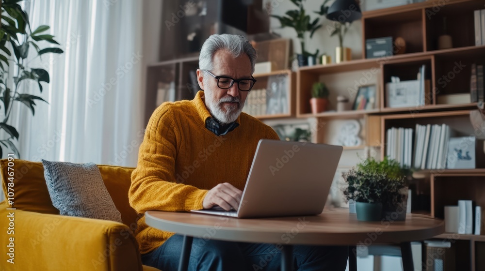 Senior man using laptop for online class modern home copy space Senior man using laptop for online class modern home copy space
