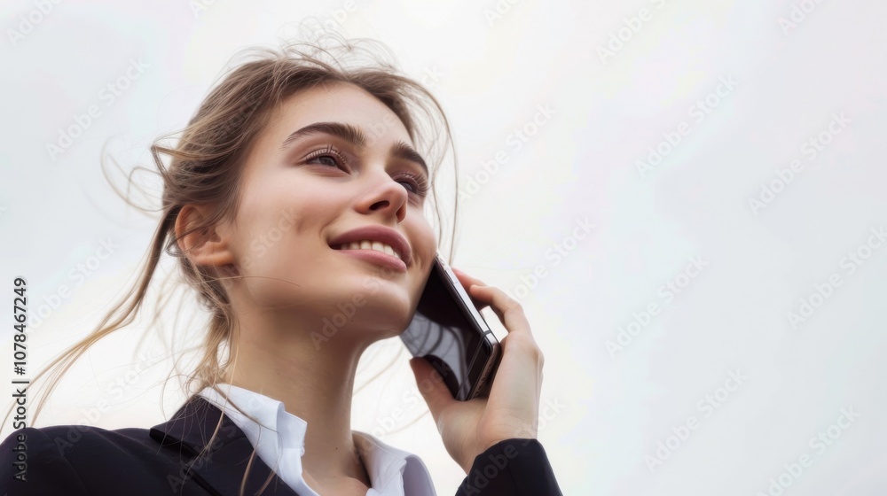 A professional woman in a business suit happily engages in a phone call outdoors on a sunny afternoon A professional woman in a business suit happily engages in a phone call outdoors on a sunny afternoon