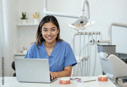 Portrait of a Confident female dentist in blue scrubs using a laptop at her clinic desk. The dental office is equipped with modern tools
