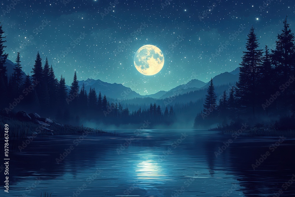 Experience tranquility at a serene lake under a bright moonlit sky with silhouetted pine trees Experience tranquility at a serene lake under a bright moonlit sky with silhouetted pine trees