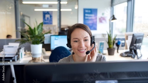  headset and support with woman in call center office for advice or consulting. Communication, conversation and feedback with happy customer service employee in workplace for telemarketing