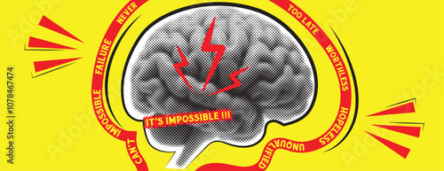 Disappointment and negativity banner. Halftone Brain with demotivating texts Collage style. Vintage trendy style. Vector illustration.