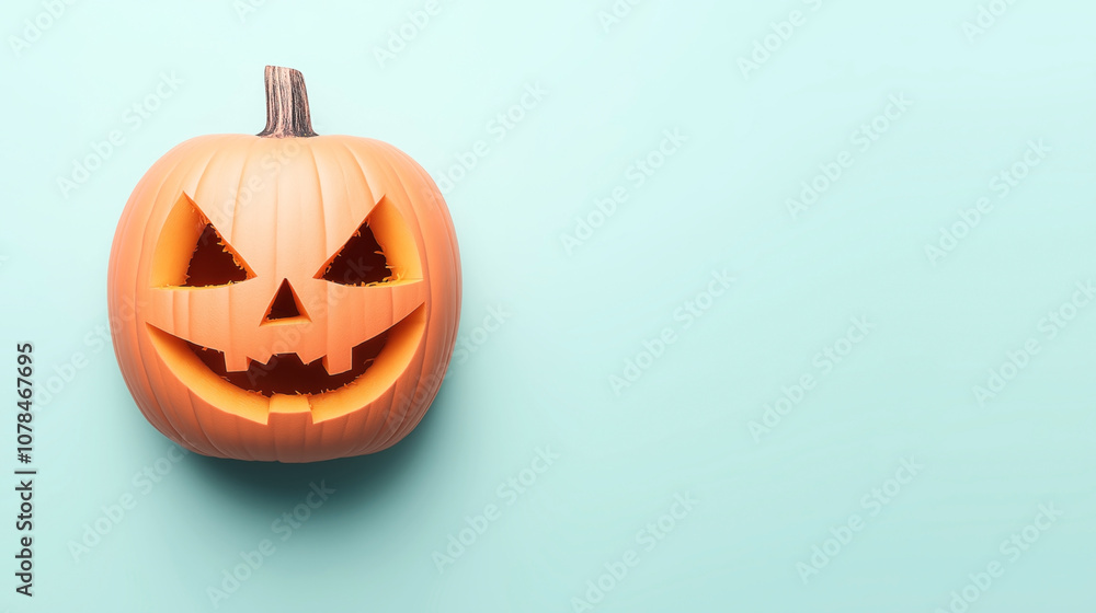 Carved jack-o'-lantern pumpkin with a smiling face on a light blue background, symbolizing Halloween decoration and autumn celebrations. Carved jack-o'-lantern pumpkin with a smiling face on a light blue background, symbolizing Halloween decoration and autumn celebrations.