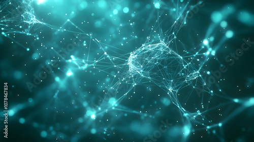 Abstract blue green technology background with a cyber network grid and connected particles. Artificial neurons, global data connections