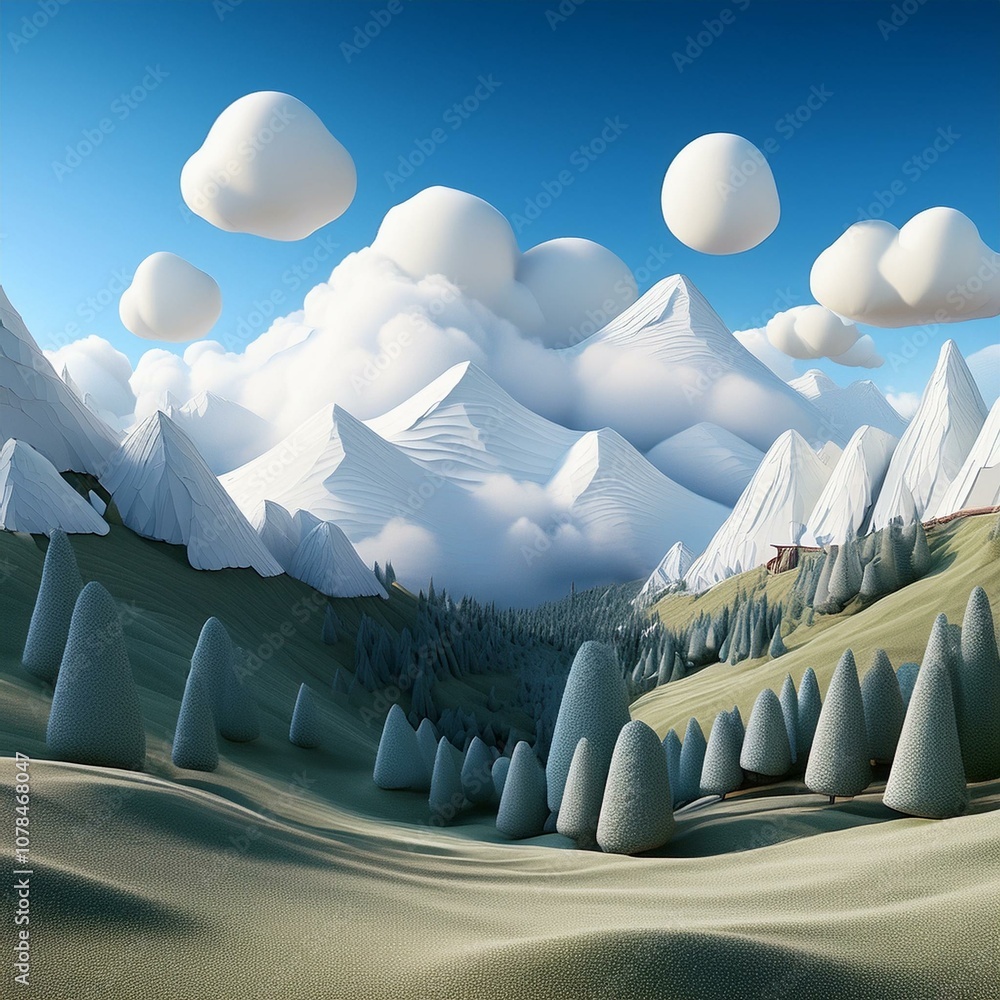 Fototapeta premium Adorable mountain landscape in a kids' graphic style, with soft, rounded mountains and cheerful elements like clouds and trees