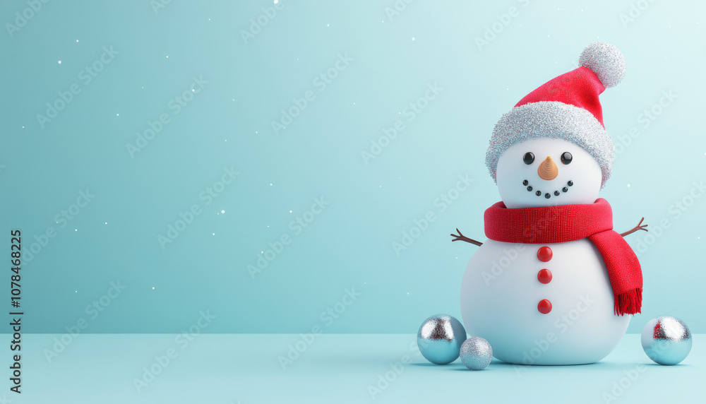 Adorable snowman wearing a red scarf and hat, surrounded by silver ornaments, set against a snowy, light blue background for a festive winter feel.
Adorable snowman wearing a red scarf and hat, surrounded by silver ornaments, set against a snowy, light blue background for a festive winter feel.