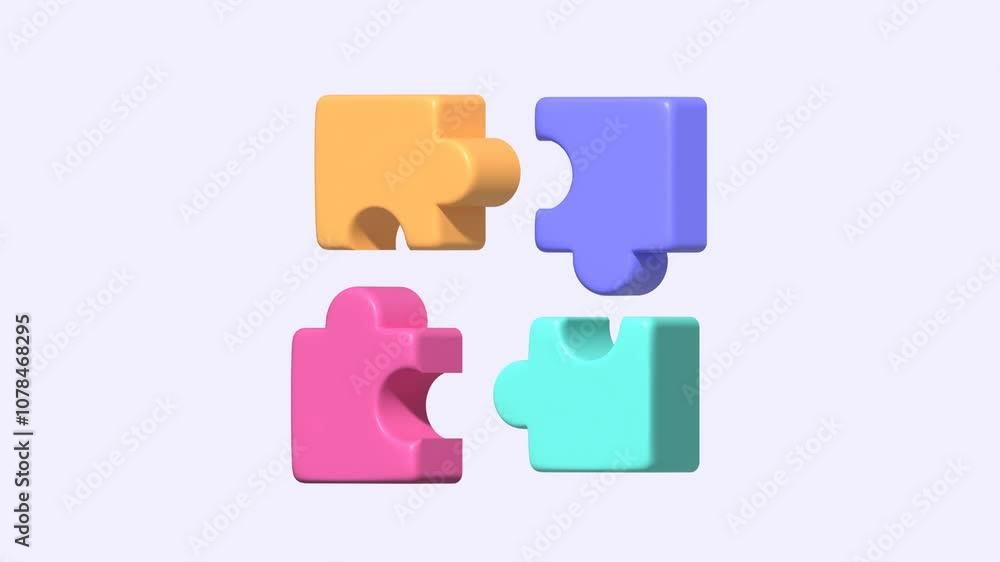 3D animation Colorful Jigsaw Puzzle in White Isolated Background. Problem-solving, business challenge 3D animation Colorful Jigsaw Puzzle in White Isolated Background. Problem-solving, business challenge