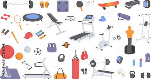 all for variety, exercise machine, scales, dumbbells, clothes set in flat style, vector