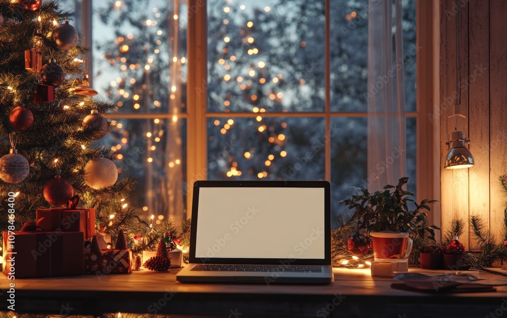 Christmas Laptop Mockup A laptop with a blank screen for holiday designs, set in a cozy room with a Christmas tree, garlands, and soft holiday lighting Christmas Laptop Mockup A laptop with a blank screen for holiday designs, set in a cozy room with a Christmas tree, garlands, and soft holiday lighting