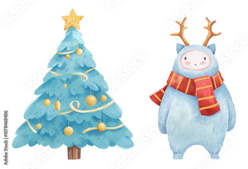 Cartoon winter illustrations - decorated blue evergreen tree with star, cute Yeti with antlers, red scarf. Christmas fantasy illustration