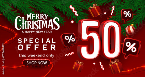 Merry Christmas, 50 percent Off discount. Sale banner and poster. Vector illustration.