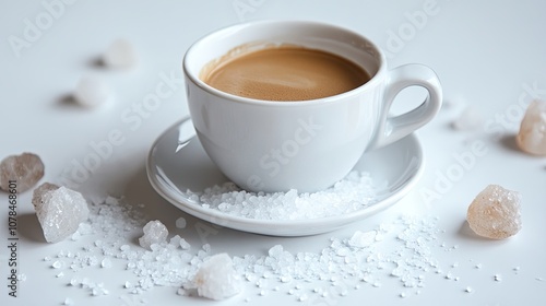 A captivating coffee world image presents a single Arabic coffee cup accompanied by salt crystals, all set against a clean white background, ideal for any coffee-related theme. photo