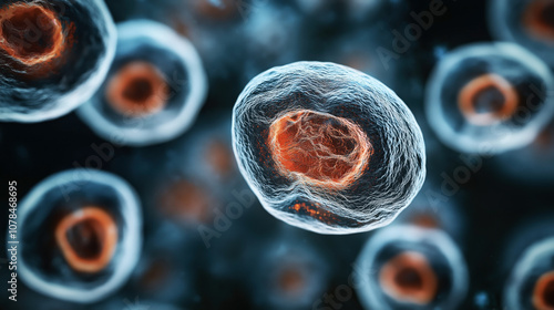 Close-up view of several cells with visible nuclei and cytoplasm structures, illustrating biological cell anatomy in a scientific and educational context.