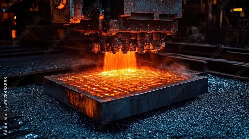 Molten metal being poured into a mold in an industrial setting. Molten metal being poured into a mold in an industrial setting.