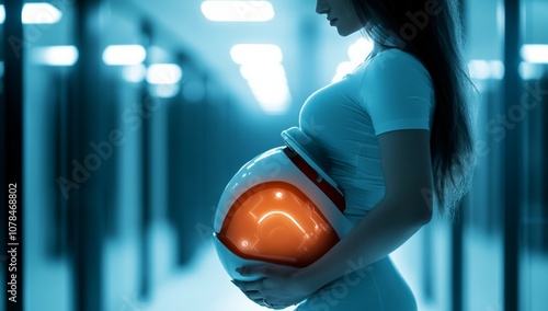 The birth of humanized artificial intelligence. A pregnant woman carries the robot from below her belly with her hands. A well-lit environment. sharp lines 