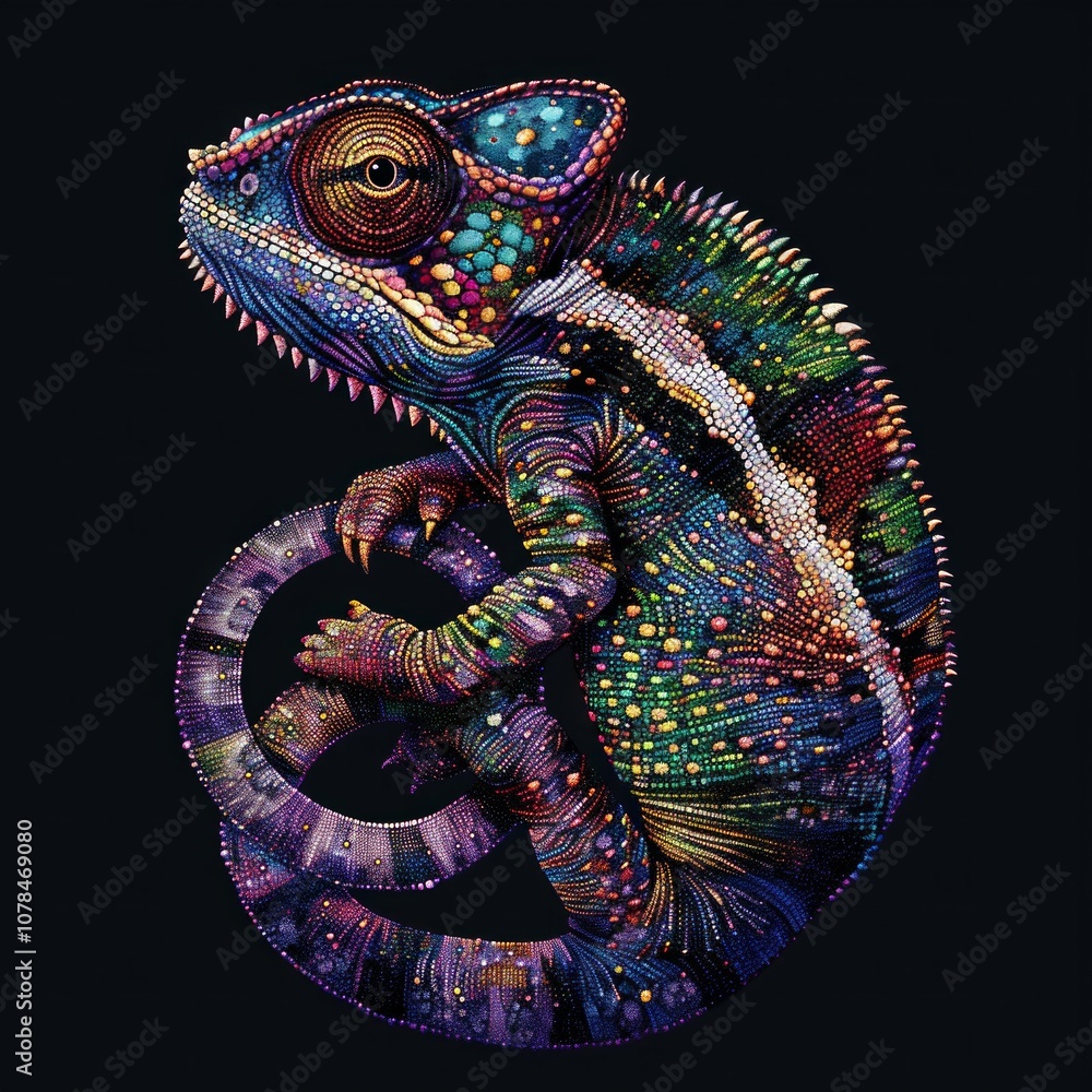Chameleon illustration in vibrant neon dot art style with curled tail on black background. Detailed psychedelic animal portrait with intricate patterns and textures. Generative AI Chameleon illustration in vibrant neon dot art style with curled tail on black background. Detailed psychedelic animal portrait with intricate patterns and textures. Generative AI