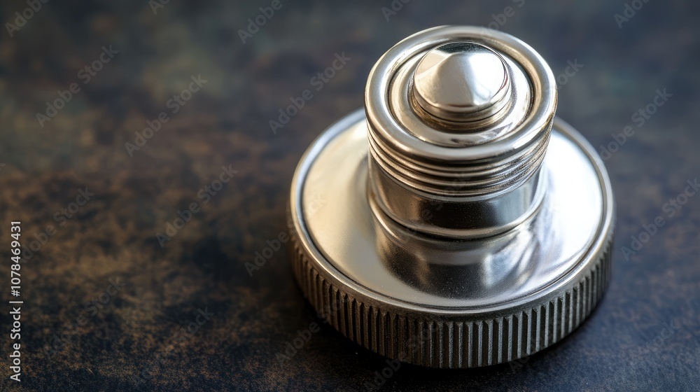 Close-Up View of a Metallic Bottle Cap with a Smooth Surface on a Textured Background Capturing Details of the Product's Design and Material Quality Close-Up View of a Metallic Bottle Cap with a Smooth Surface on a Textured Background Capturing Details of the Product's Design and Material Quality