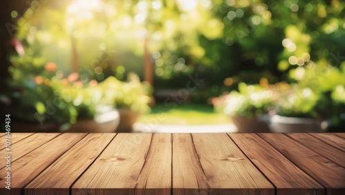 Wooden table with green bokeh background for product display or food photography