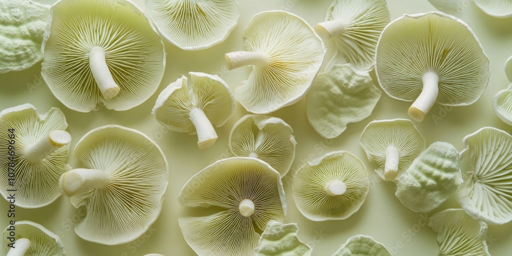 Light green mushrooms set against a paper backdrop create a unique visual, highlighting the pale green hues and intricate details of the mushrooms on the soft background. Light green mushrooms set against a paper backdrop create a unique visual, highlighting the pale green hues and intricate details of the mushrooms on the soft background.