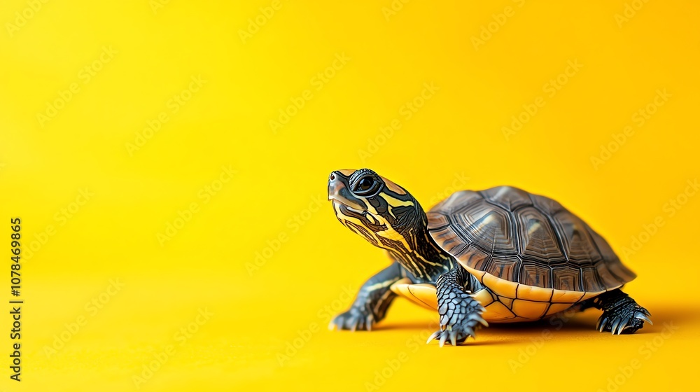 Obraz premium A small turtle walks on a yellow background.