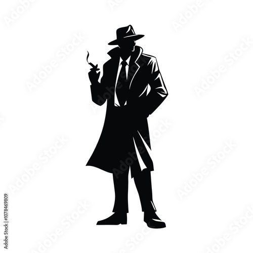 A man in a black coat and hat smoking a cigarette. He is standing in front of a white background