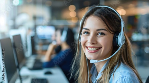 A young woman with a headset smiles brightly while assisting customers in a bustling call center during working hours