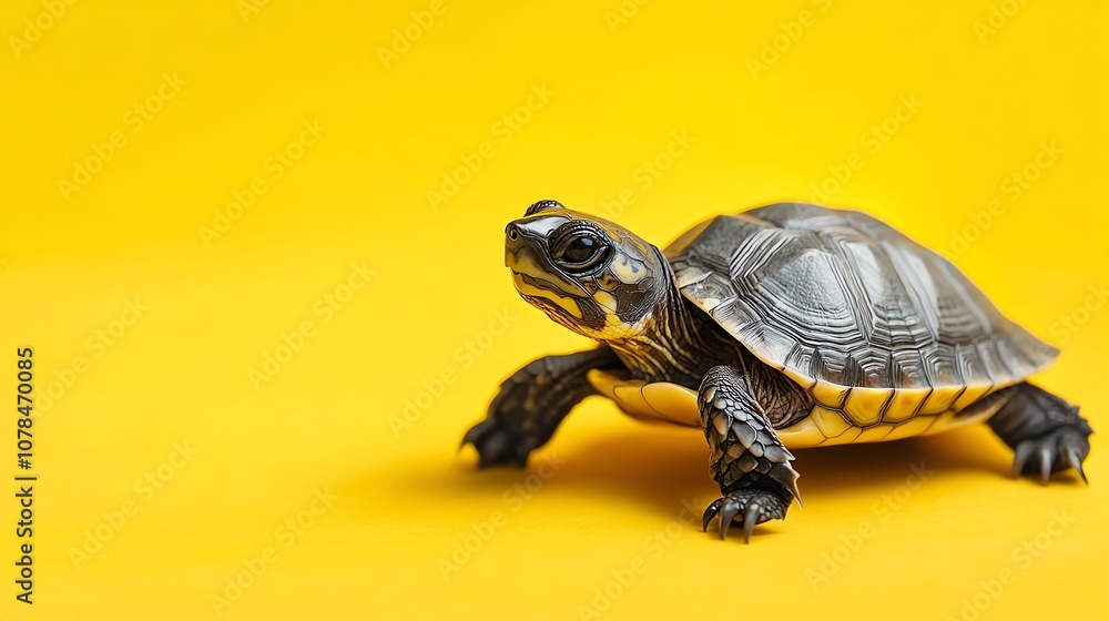 Obraz premium A small turtle walks on a yellow background.