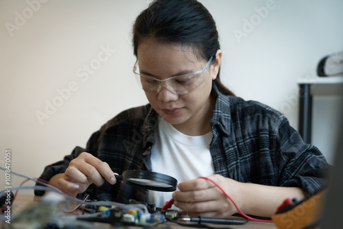 A woman is looking at a small electronic device with a magnifying glass. She is focused on the device and she is working on it photo