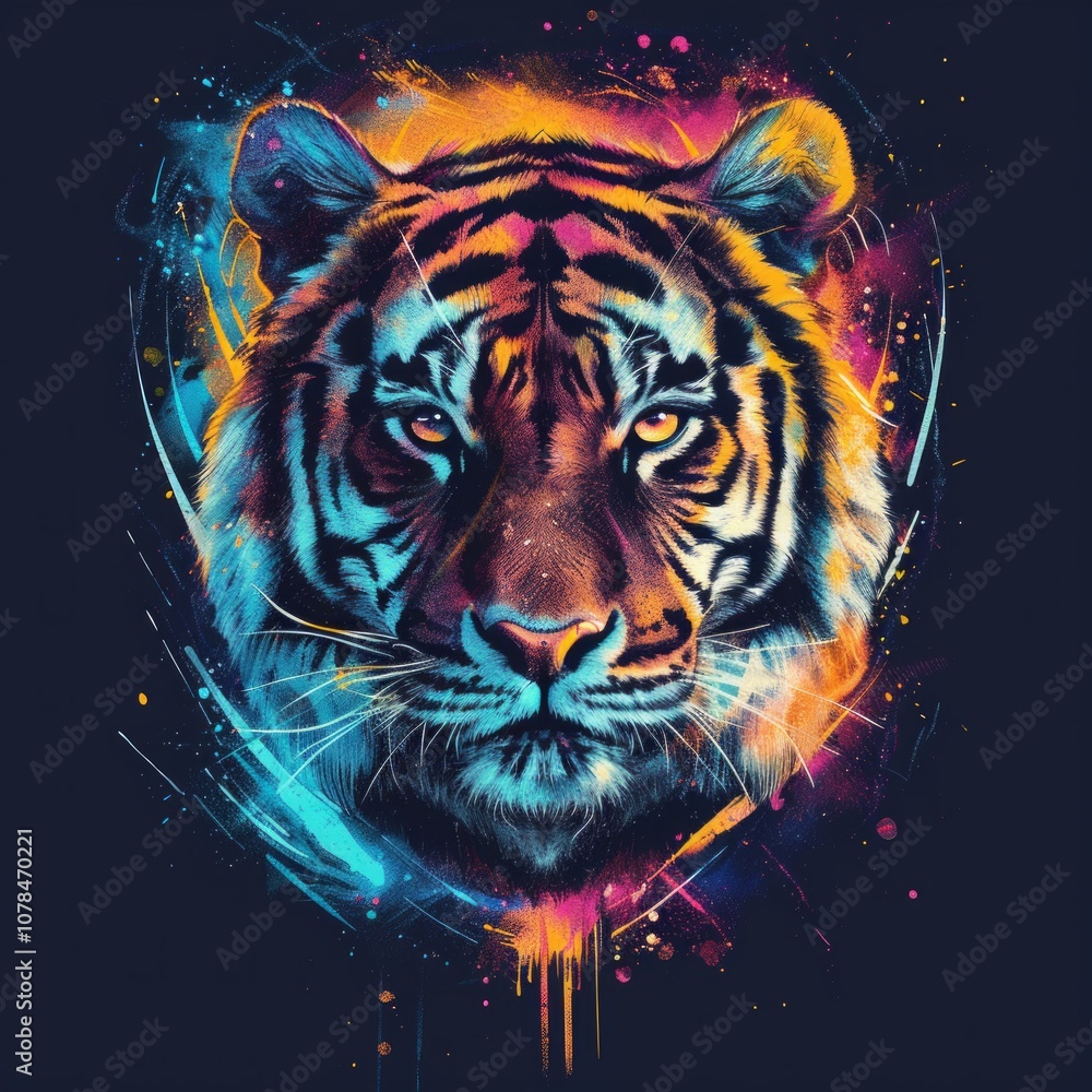 Close-up of a tiger face with vibrant neon colors on a dark background. Digital pop art portrait of a fierce tiger for modern wall art and prints. Generative AI